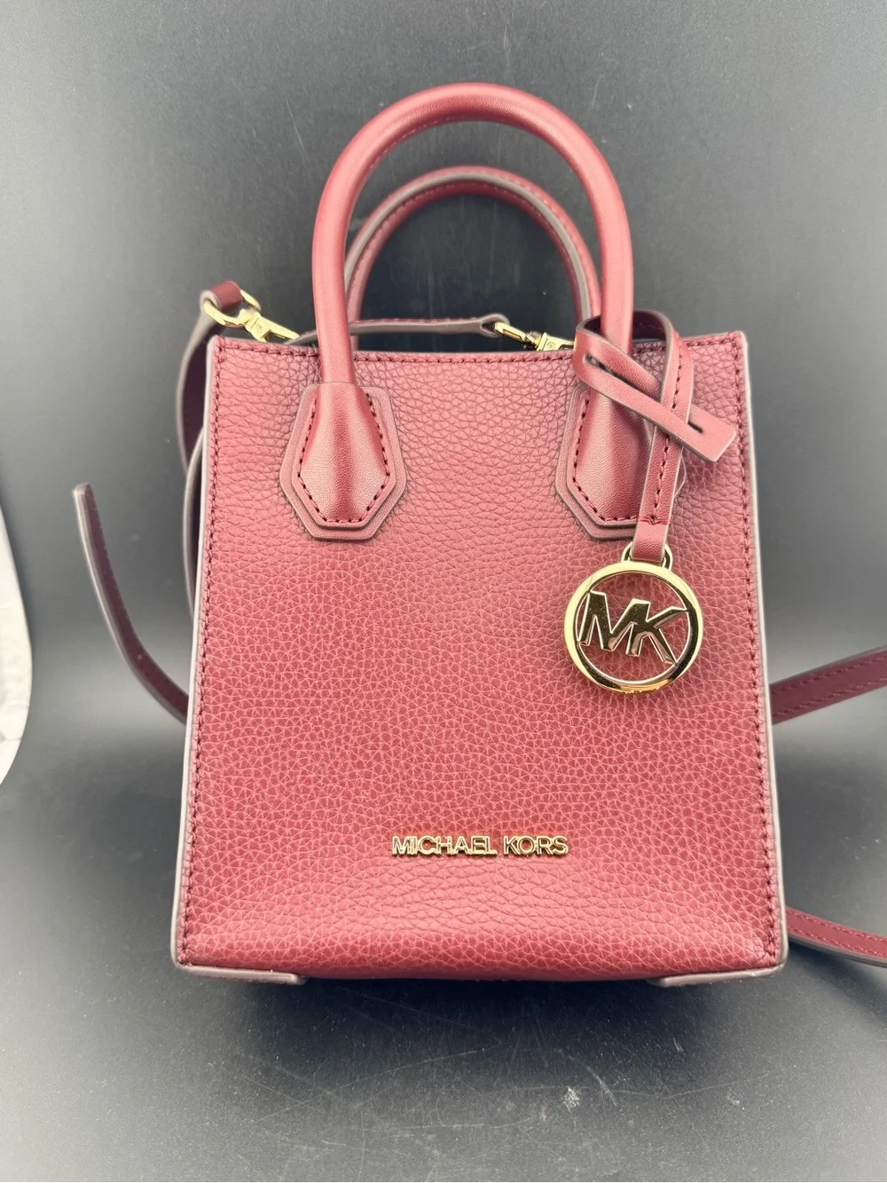 Michael Kors Wine Pebbled Leather Mini Satchel with Gold MK Charm